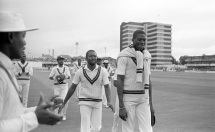 Malcolm Marshall and Curtly Ambrose leave the Trent Bridge pitch smiling.