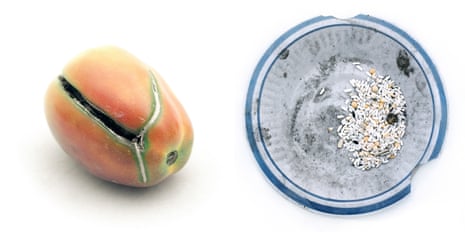 A tomato and a cracked food bowl containing a few grains of rice and some beans