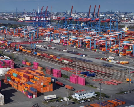 Aerial view of shipping containers stacked in Hamburg Port in Hamburg, Germany.
