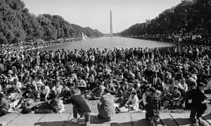 View of anti-Vietnam war protestors around the Lincoln Memorial reflecting pool on 21 October 1967.