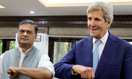 The US special presidential envoy for climate, John Kerry, meets India’s minister of energy, Raj Kumar Singh, in New Delhi ahead of Cop26.
