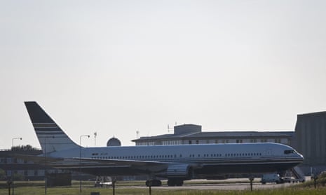 A Boeing 767 at the military base in Amesbury, Salisbury, preparing to take a number of asylum-seekers to Rwanda