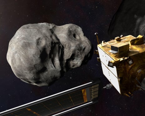 A spacecraft approaches an asteroid in space