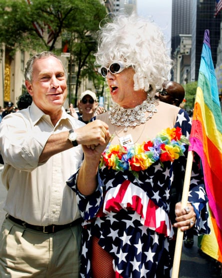 Former New York mayor Michael Bloomberg greets Gilbert Baker at the annual Gay Pride parade in New York City in 2002.