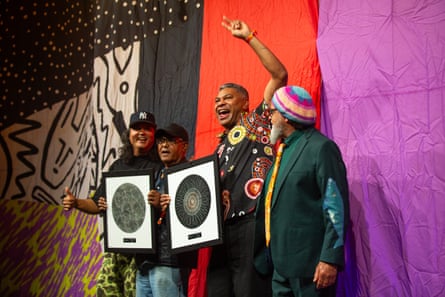 National Indigenous Music Awards 2026: Birdz and Fred Leone (left and second from R) celebrate after winning artist of the year.