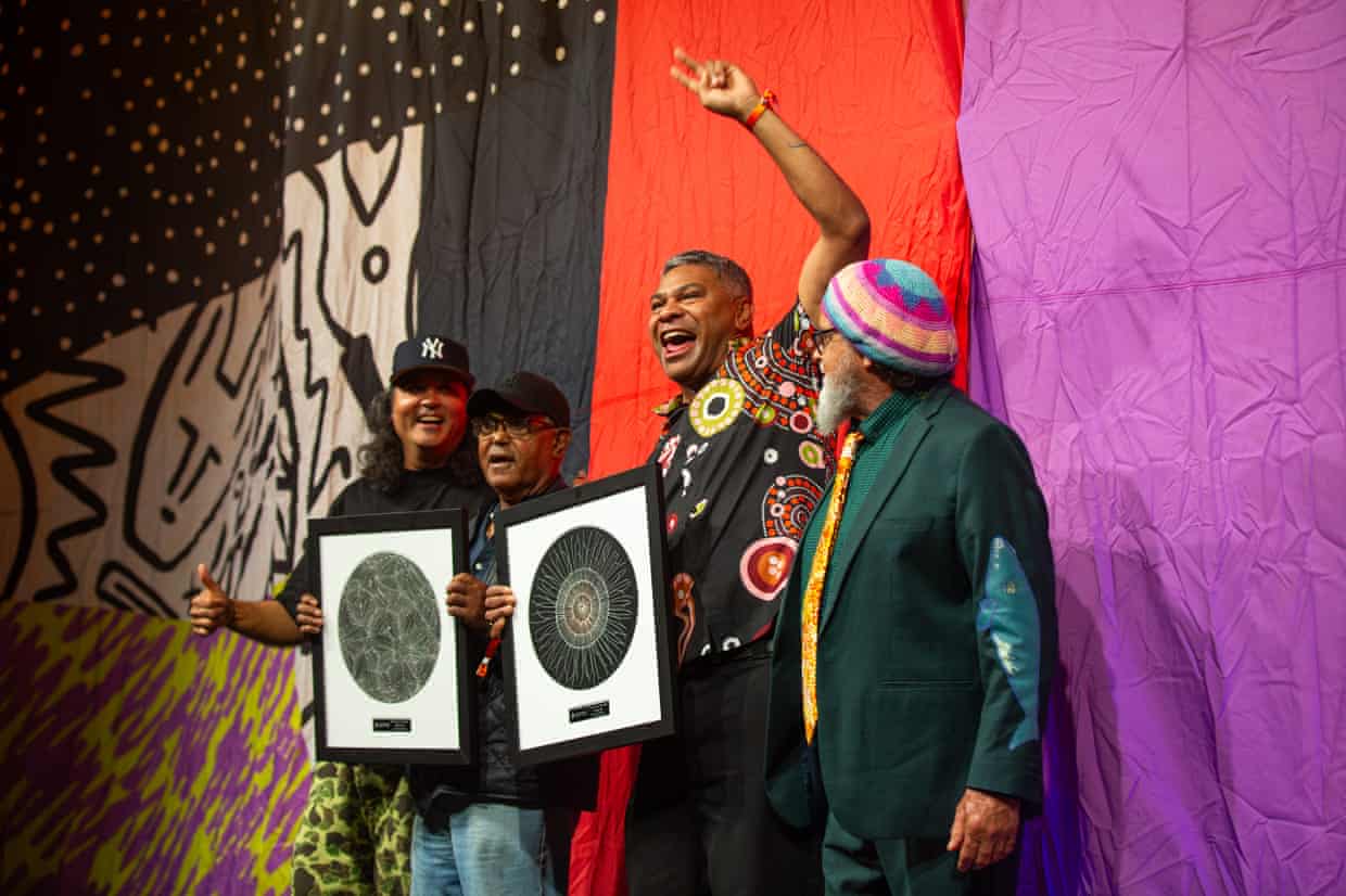 National Indigenous Music Awards 2026: Birdz and Fred Leone (left and second from R) celebrate after winning artist of the year.
