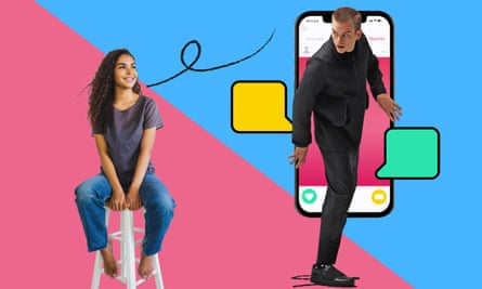 Gambar komposit yang menampilkan seorang pria, wanita, dan ponsel cerdas, untuk mengilustrasikan kesulitan kencan aplikasi