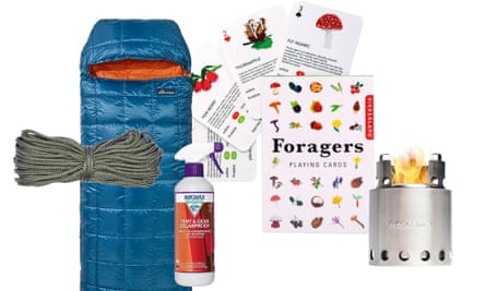 From left: paracord from Blacks; Craghoppers’ NosiLife Eco sleeping bag; Nikwax Tent & Gear Solarproof; Kikkerland Foragers playing cards, from Snow + Rock; Solo Stove’s Lite camp stove.