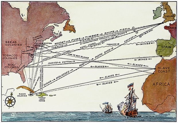 A 19th-century engraving depicting slave trade routes in the 17th and 18th centuries