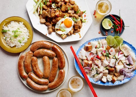 Budgie Montoya's Filipino spread, from top: Sisig – chunks of pork belly marinated in soy and calamansi, with onions, chilli and fried egg; Sinuglaw – a ceviche of cured fish, with grilled or fried pork; and longganisa – a sweet pork sausage.