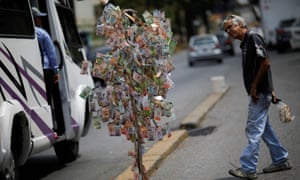 A man looks at Venezuelan bolÃ­var notes hung to resemble a tree,in Caracas, Venezuela, on 6 March.