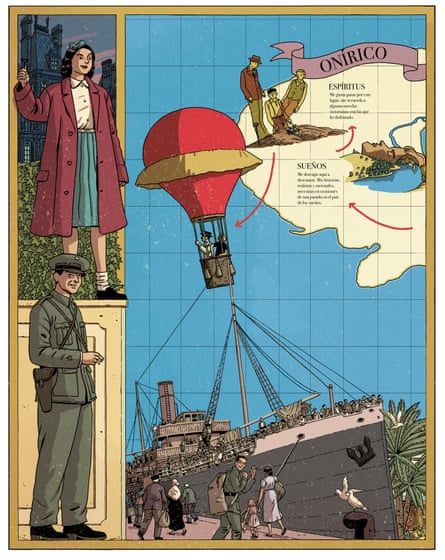 illustration of a steamboat and hot-air ballon and a map