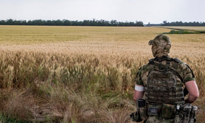A Russian soldier keeps watch of a wheat field near Melitopol in the Zaporizhzhia region of Ukraine.
