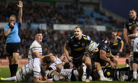 Stu Townsend celebrates scoring Exeter’s third try in their home victory over Gloucester