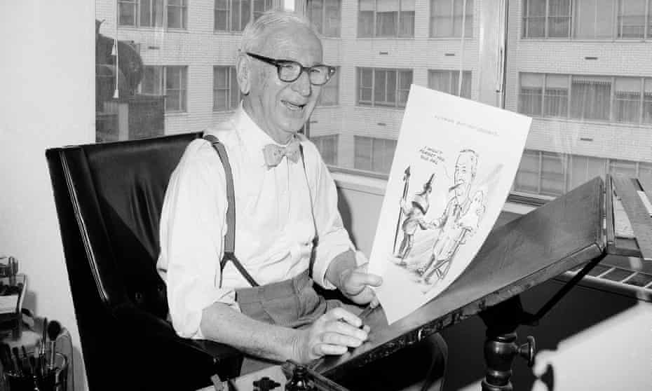 Rube Goldberg, 81, in his New York City apartment, April 24, 1964 after he completed his last cartoon, which showed him bidding goodbye to a cartoonist’s pen and ink bottle.