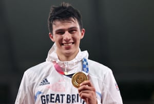 Men's Modern Pentathlon Gold medalist; Joseph Choong of Britain; celebrates on the podium