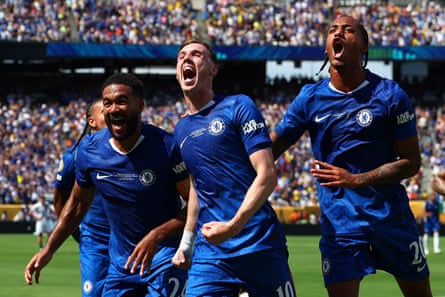Cole Palmer (centre) celebrates scoring Chelsea’s second goal with Reece James (left) and Joao Pedro during the Club World Cup 2025 final against Paris Saint-Germain.