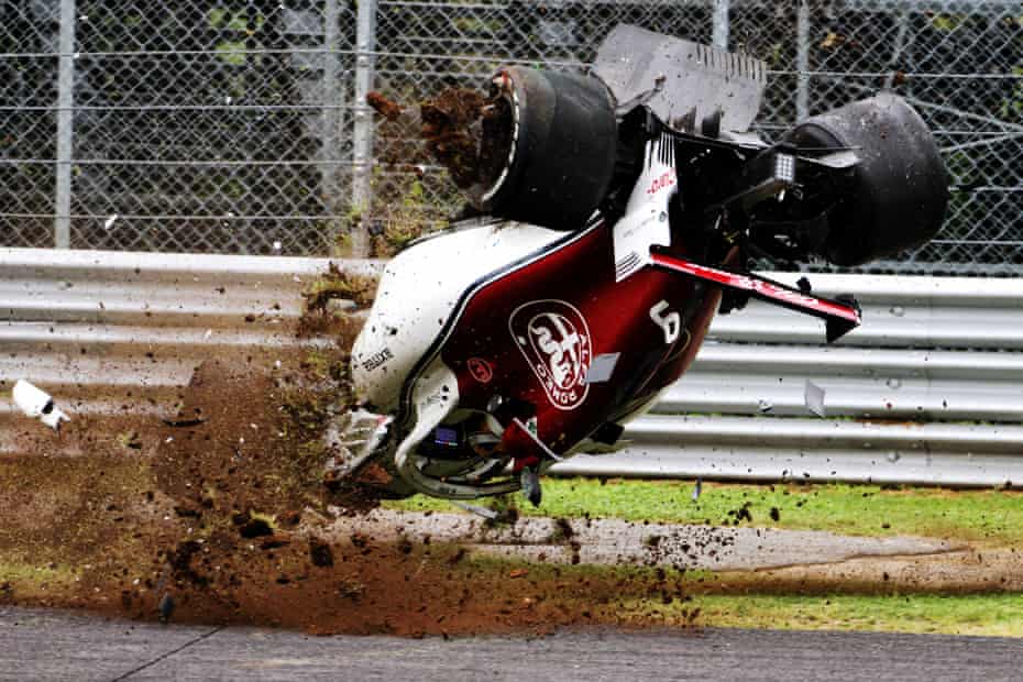 Sauber’s Marcus Ericsson crashes during practice for the Italian Grand Prix at Monza. 