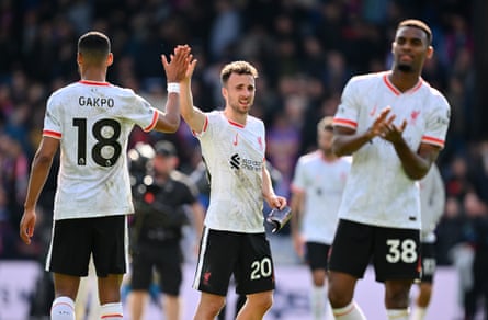 Liverpool’s goalscorer Diogo Jota with Cody Gakpo after their 1-0 victory at Crystal Palace last weekend.
