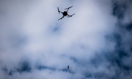 Explosives drop from the drone to the targets.