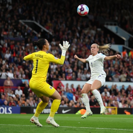 Beth Mead of England scores the winning goal past Manuela Zinsberger of Austria.