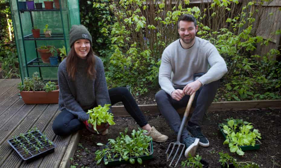 Grow-your-own enthusiast Corrie Rounding in the garden with Conor Gallagher, founder of AllotMe.