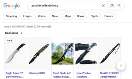 A search on Google for ‘zombie knife delivery’ brings up a range of marketplaces despite claims of an online ban.