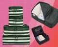 Green-striped and black packing cubes, some open showing folded clothes and mesh panels