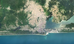 Colour satellite image of Lagos, Nigeria. Image taken on January 19, 2014 with Landsat 8 data.<br>EX6PKF Colour satellite image of Lagos, Nigeria. Image taken on January 19, 2014 with Landsat 8 data.