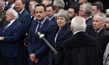Lyra McKee’s funeral in Belfast is attended by, left to right, president of Ireland Michael D Higgins, taoiseach Leo Varadkar and Theresa May.