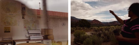 Posters documenting water contamination hang on the walls inside the library at the Cove Chapter house, which is being rented out to the EPA to conduct remediation work in Cove, Arizona, 31 July 2023.