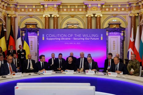 Germany's chancellor Friedrich Merz, France's president Emmanuel Macron, Ukraine's president Volodymyr Zelenskyy, the UK's prime minister Keir Starmer and Polish prime minister Donald Tusk at Saturday’s summit at the Mariinskyi Palace, Kyiv.