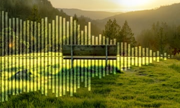 Image of green hills and trees overlaid with sound bars