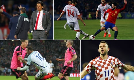 Chris Coleman reacts to Serbia’s late equaliser; Isco gets on the ball for Spain; Marcelo Brozovic celebrates; and Wayne Rooney hits the deck.