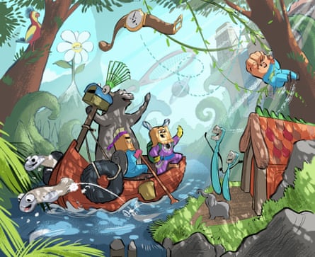 Coloured cartoon-like illustration from Andy Griffiths book The Land of Lost Things, showing group of animals and adventurers in a boat