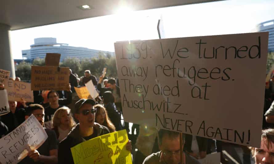 Protestors Rally Against Muslim Immigration Ban At San Francisco Int'l AirportSAN FRANCISCO, CA - JANUARY 28: Demonstrators hold signs during a rally against a ban on Muslim immigration at San Francisco International Airport on January 28, 2017 in San Francisco, California. President Donald Trump signed an executive order Friday that suspends entry of all refugees for 120 days, indefinitely suspends the entries of all Syrian refugees, as well as barring entries from seven predominantly Muslim countries from entering for 90 days. (Photo by Stephen Lam/Getty Images)