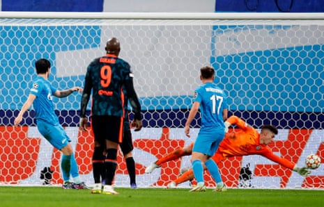 Chelsea’s keeper Kepa Arrizabalaga makes a fine save to keep the score all square.