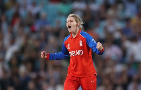 Charlie Dean of England celebrates the wicket of Tazmin Brits.
