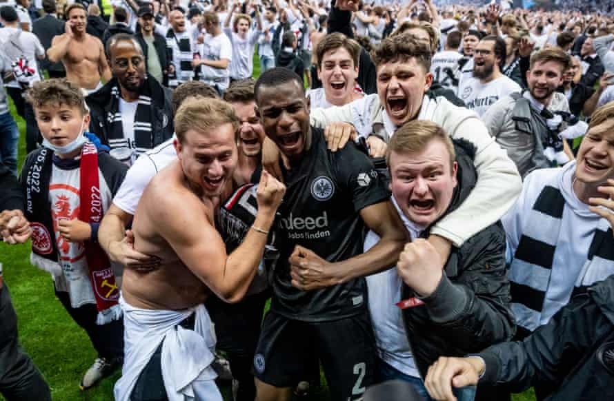 Evan Ndika and his Eintracht Frankfurt teammates celebrate after beating West Ham in the Europa League semi-finals.