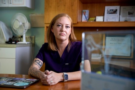 Dr. Jessica Rubino poses for a portrait in her shared office at her new clinic in Falls Church, Virginia, US, on August 29, 2023. Dr. Rubino had been working in Austin, Texas as an abortion provider before she had to move due to Texas’ changing laws around reproductive rights.
