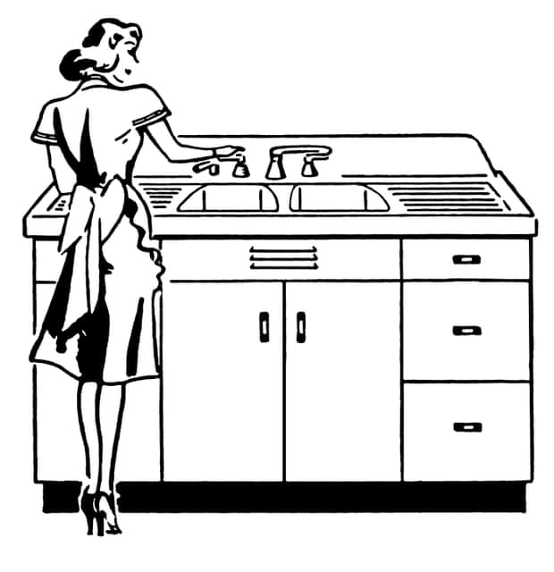 A vintage illustration of a woman washing dishes.