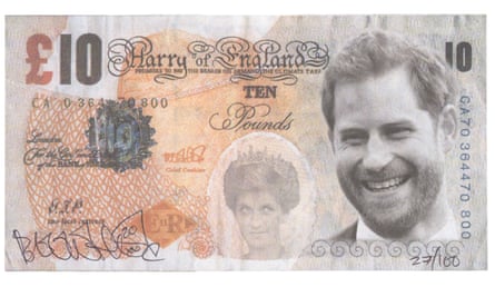 A defaced £10 note featuring the Duke of Sussex and Princess Diana that was part of the Defaced! Money, Conflict, Protest exhibition.