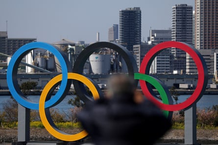 Giant Olympic rings on the waterfront in Tokyo.