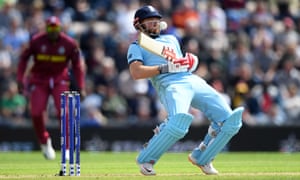 Jonny Bairstow of England gets struck on the helmet by Andre Russell of West Indies.