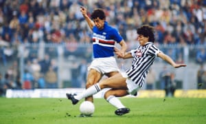 A young Gianluca Vialli rides the challenge of Paolo Pochesci of Ascoli in 1984