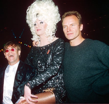 Elton John, Lily Savage, AKA O’Grady and Sting in London in 1994.