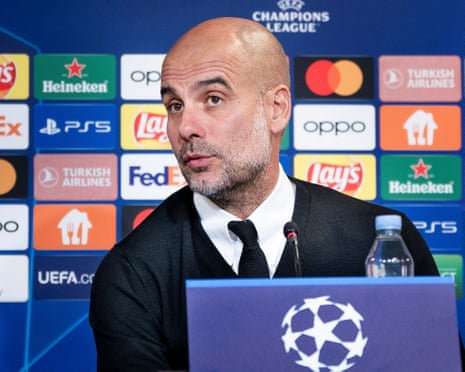 Pep Guardiola attends to his pre-match press duties in Copenhagen