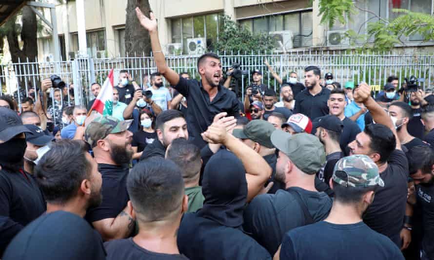 A protest against Tarek Bitar, the lead judge of the port blast investigation, near the Justice Palace in Beirut.