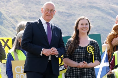 John Swinney with Eilidh Munro, SNP candidate for Skye, Lochaber & Badenoch, at Fort William, Scotland, today.