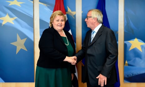 Jean-Claude Juncker, president of the European Commission, welcomes prime minister of Norway Erna Solberg at the EU headquarters in Brussels. 